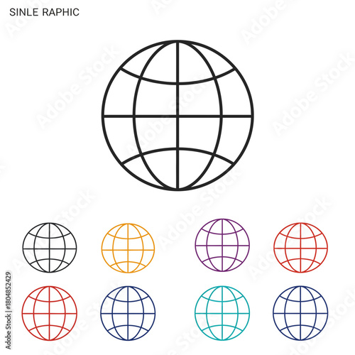 Globe icon set featuring black, gold, purple, red, blue and teal variations in a clean vector graphic style for universal designs