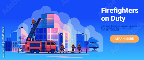 Firefighters on duty urban emergency scene fire truck spraying water modern city buildings blue background website banner
