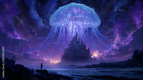 Surreal fantasy landscape with colossal glowing jellyfish in mystical night scene