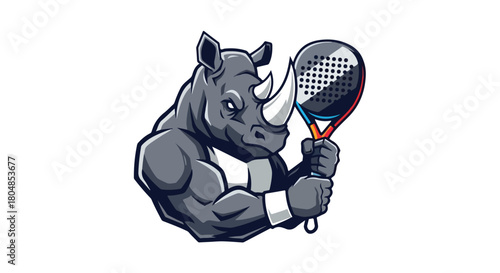 Powerful Rhino Holding a Padel Tennis Racket Ready for Action