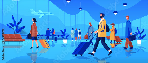 Airport passengers travel modern terminal people walking rolling luggage airplane window blue background waiting area plants lights