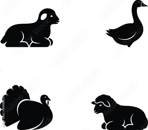 Farm Animals Silhouettes Collection Vector Illustration Featuring Lambs Turkey and Goose for Farm Designs or Agricultural Projects and Animal Related Themes