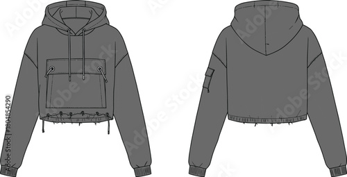 Cropped hoodie sketch, long sleeve fashion design, drawstring hood template, kangaroo pocket apparel, casual streetwear, garment construction, clothing flat illustration