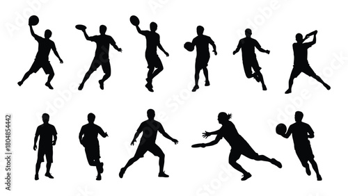 Sports people silhouettes playing frisbee and basketball isolated on white background, Vector