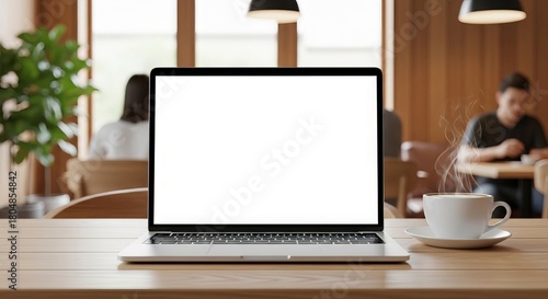 Laptop with a blank white screen on a wooden table in a cafe setting with a cup of coffee and people in the background offering a versatile workspace scene for creatives