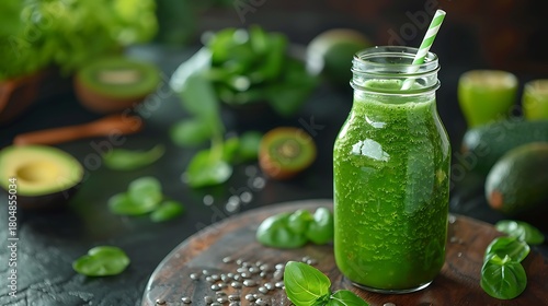 Fototapeta Naklejka Na Ścianę i Meble -  Green smoothie in a glass bottle with a straw surrounded by green fruits and leafy vegetables