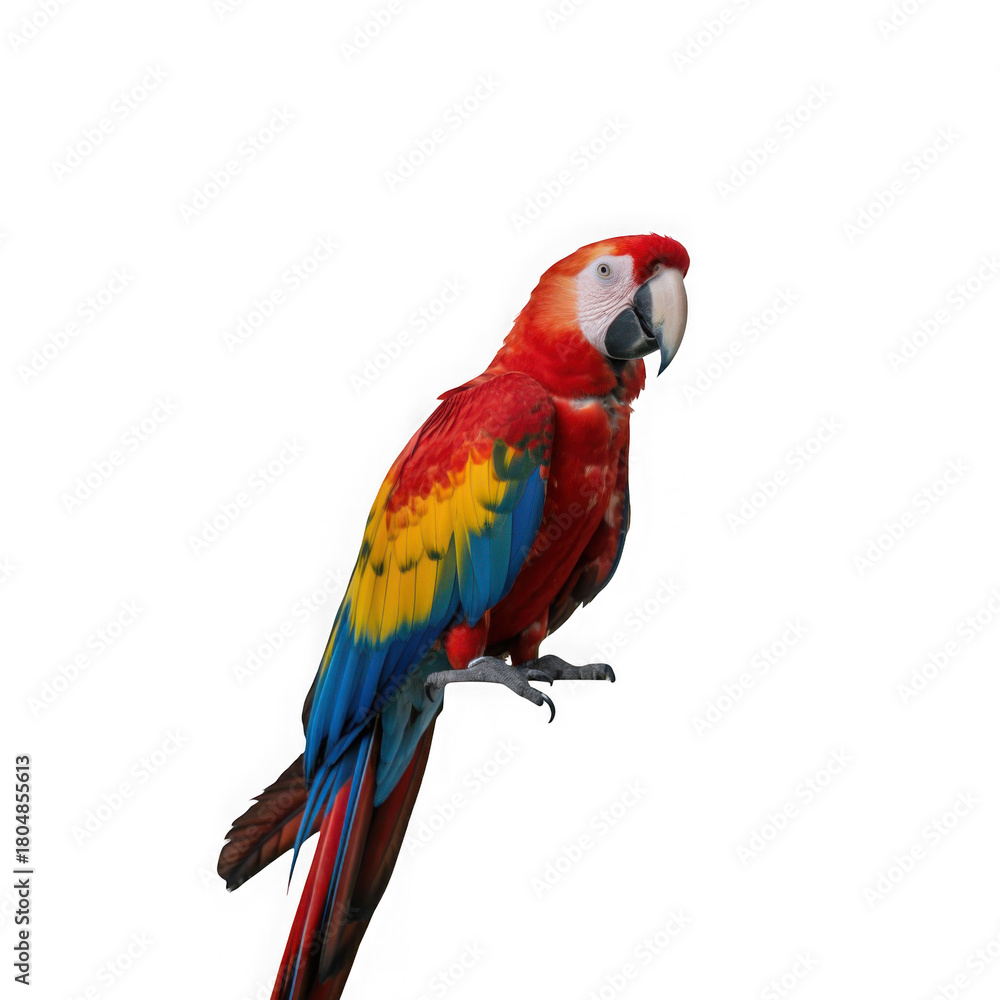 Fototapeta premium Scarlet macaw parrot perched isolated on a white background isolated on transparent background