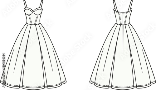Elegant fashion dress technical flat sketch, front and back view, fitted bodice, flared skirt, apparel design, garment construction, vector illustration, professional template