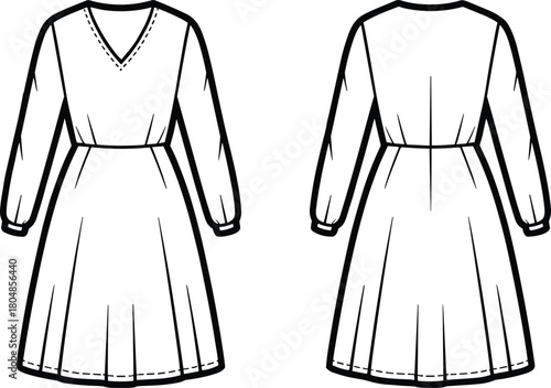 Fashion dress technical sketch, front and back view, pleated skirt, long sleeve, V-neckline, garment design, apparel flat drawing