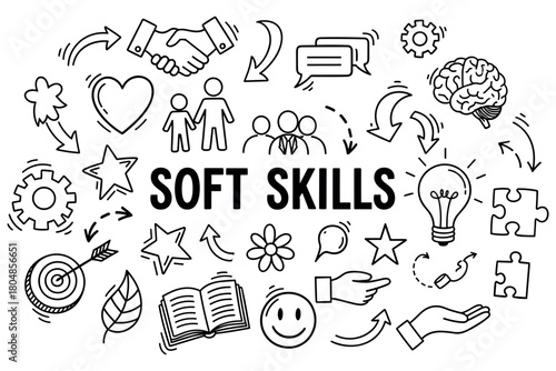 Soft skills concept with icons: communication, teamwork, creativity, brainstorming