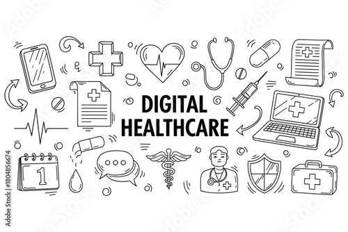 Digital healthcare concept with medical icons and technology elements