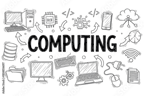 Computing technology icons: sketch of devices, software, and networks