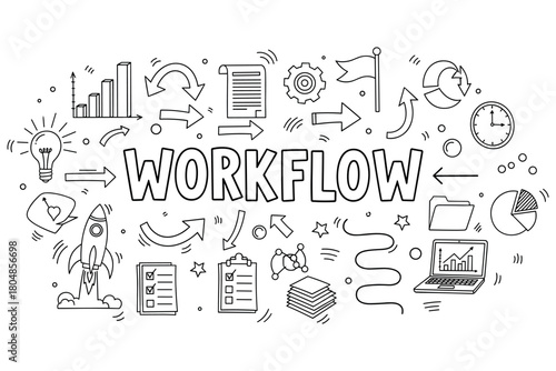 Workflow concept with doodles: arrows, charts, and productivity icons