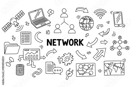 Hand-drawn network doodle featuring computers and global connections