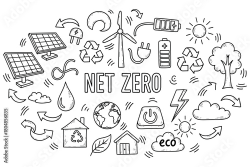 Net zero concept with renewable energy symbols and environmental icons