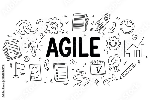 Hand-drawn agile concept with tools and symbols for project management