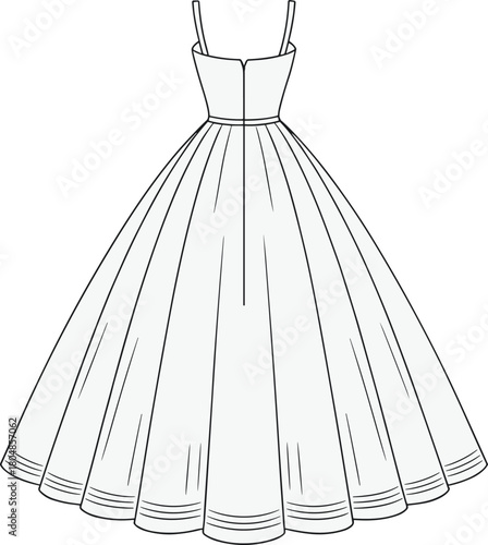 Formal dress illustration, technical fashion sketch, fitted bodice design, thin strap gown, floor length skirt, structured apparel drawing, elegant garment template
