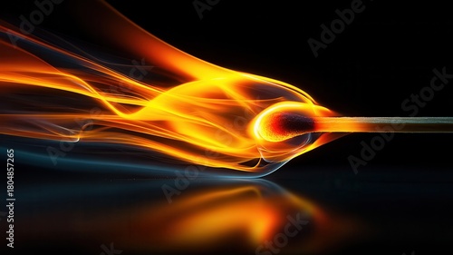 Igniting matchstick head with vibrant flame and glowing background smoke black against blue