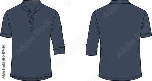 Henley long sleeve shirt, dark blue fashion design, three button placket sketch, casual blank apparel, garment construction, clothing flat, textile illustration