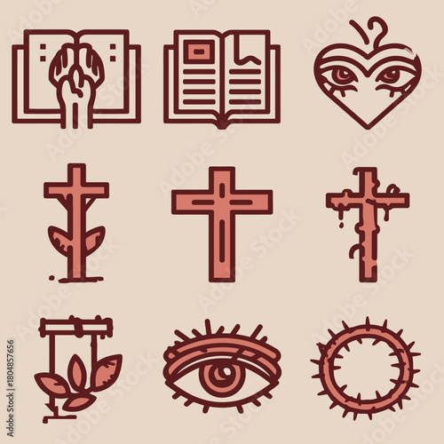 Christian Religious Symbols Vector Icon Set: Cross, Bible, Praying Hands, Crown of Thorns, Sacred Heart. Spiritual Faith Illustration.