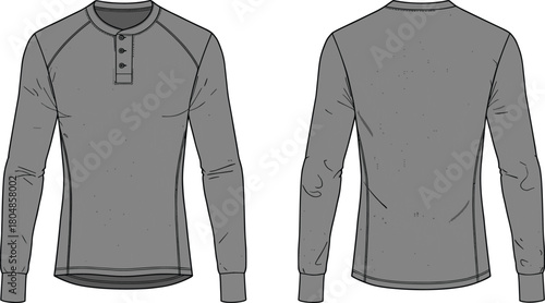 Henley long sleeve shirt, round neck fashion sketch, three button placket design, casual blank apparel, garment construction, clothing template, textile illustration