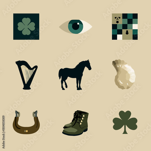 Illustrated Irish & Celtic Symbols Set: Shamrock, Harp, Horse, Horseshoe, Clover, Potato, Boot, Eye, and Abstract Pattern