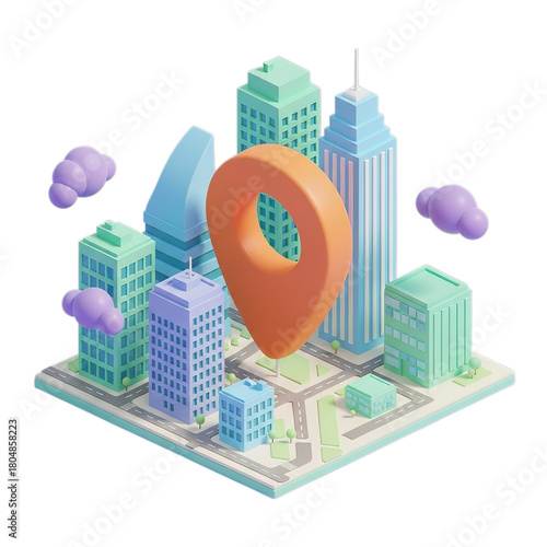 3d isometric cityscape with location pin isolated on transparent background