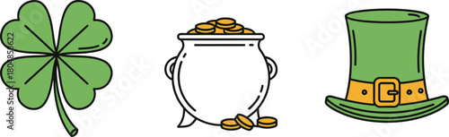 St. Patrick's Day line icon set. Vector pictograms of clover leaf, pot of gold, leprechaun hat, thin linear illustration.