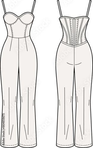 Jumpsuit fashion illustration, technical garment sketch, corset bodice design, sweetheart neckline detail, wide leg pants, structured apparel drawing, front back view template
