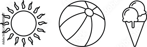 Summer holiday simple line set. Vector pictograms of sun, beach ball, ice cream cone, simple contour illustration.