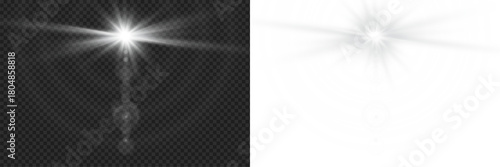 Glowing white starburst with sunlight radiant sparkling sun beam and sunrays, soft sunrise shine bright beams lens flare ray ethereal illumination effect on transparent png background