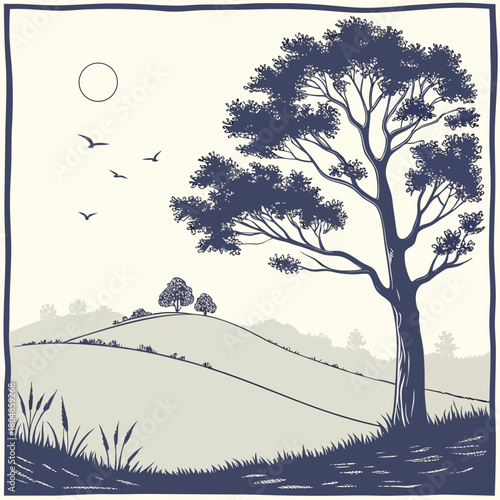 Landscape with tree, birds and moon isolated on