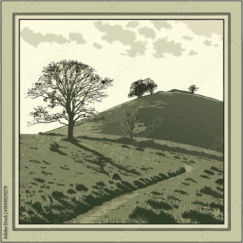 Landscape of a hill with trees and a path isolated on