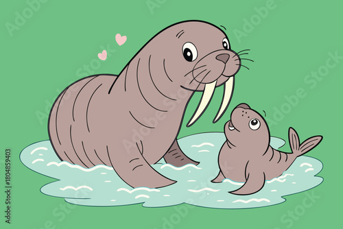 Adorable mother and baby walrus illustration with hearts on a green background