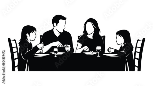Family dinner silhouette illustration isolated on white background, Vector