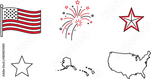 Patriotic elements simple line icon set (US). Vector pictograms of flag banner, firework spark, thin stroke illustration.