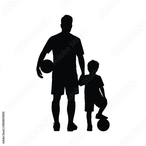 Father and son silhouette with soccer balls
