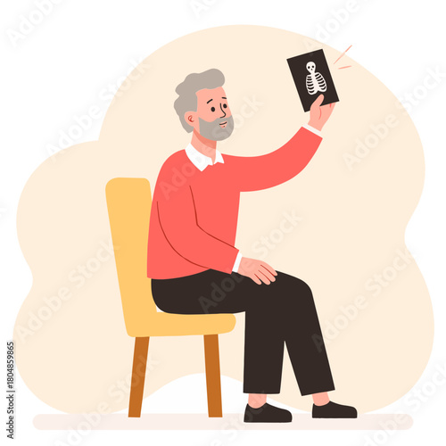 Elderly man holding x-ray. Senior showing chest x-ray. Doctor examining x-ray result. Older patient reviewing diagnosis. Elderly set