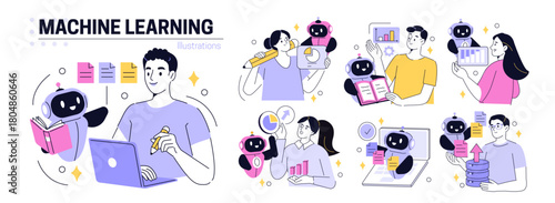 LLM training and machine learning set. Robot assistant and people characters working together to train large language models, analyze datasets, build solutions. Vector doodle illustration.
