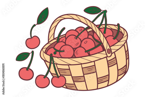 Whimsical illustration of a woven basket overflowing with ripe red cherries and green leaves