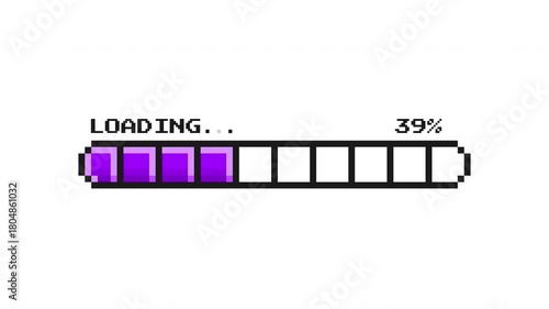 Purple pixel retro loading bar animation with vibrant segmented blocks sliding smoothly across the interface ProRes Alpha Channel 4K 60fps