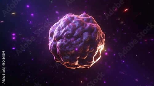 A detailed 3D rendering of a purple asteroid floating in a cosmic nebula with glowing particles.