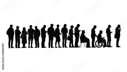 Diverse people queueing silhouette isolated on white background, Vector