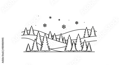 Minimalist winter scene with snow falling on evergreen trees, perfect for holiday cards and seasonal designs, evoking peace and tranquility, great for print