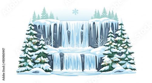 Enchanting winter cascade scene with snow-covered rocks, icicles, and festive trees, perfect for holiday cards and winter promotions, originally a vector graphic