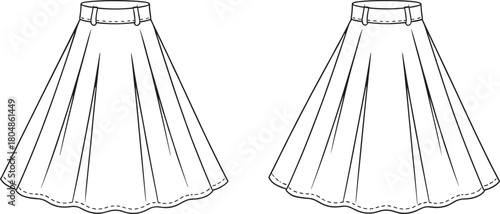 Pleated skirt illustration, technical fashion sketch, flared garment design, fitted waistband detail, flowing hemline drawing, apparel construction template, clothing design artwork