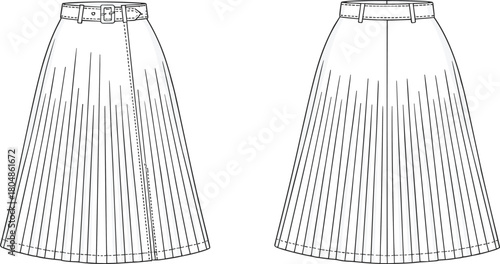 Pleated skirt technical sketch, front and back view, high waist, belt loops, wrap closure, fashion flat drawing, garment design