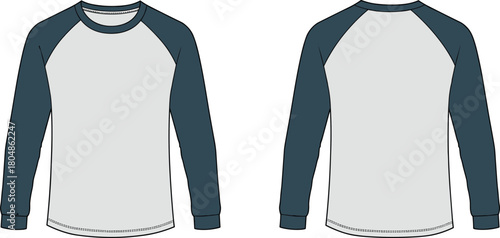 Raglan long sleeve shirt, two tone fashion design, sporty casual apparel, contrast sleeve template, garment construction, clothing flat, textile illustration