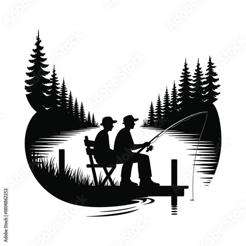 Father and son fishing together by the lake