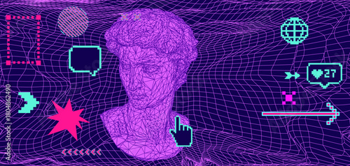 Bust statue made of wireframe in retrowave and Y2K style surrounded by pixel shapes on a neon purple background. Vector illustration for topics related to technology and internet identity.